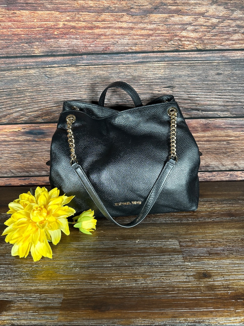 Michael Kors Black Leather 3 Compartment Shoulder Bag with Gold Chain Straps